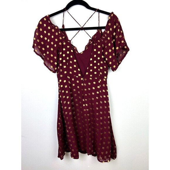 Topshop A Line Off the Shoulder Mini Dress Burgundy w Gold Metallic Polka Dots 4 - Picture 6 of 15